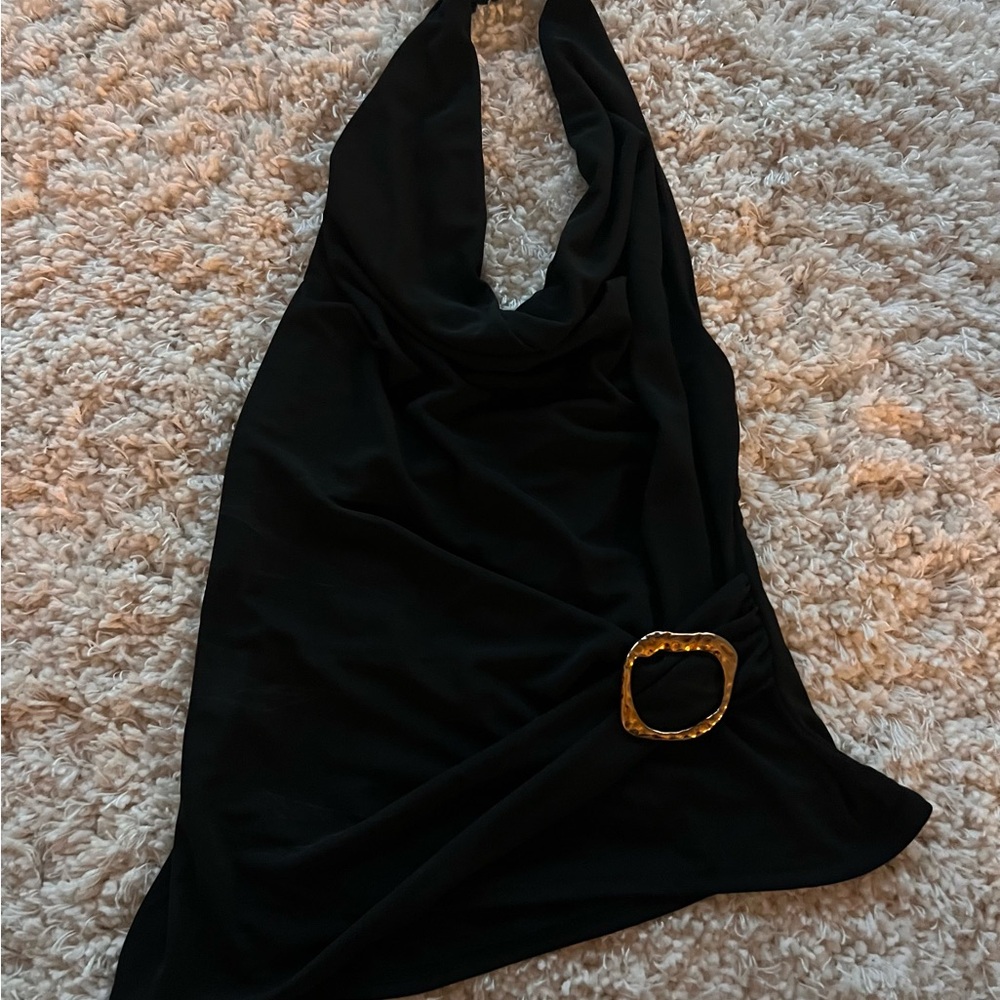 Zara Black Halter Top with Gold Accent